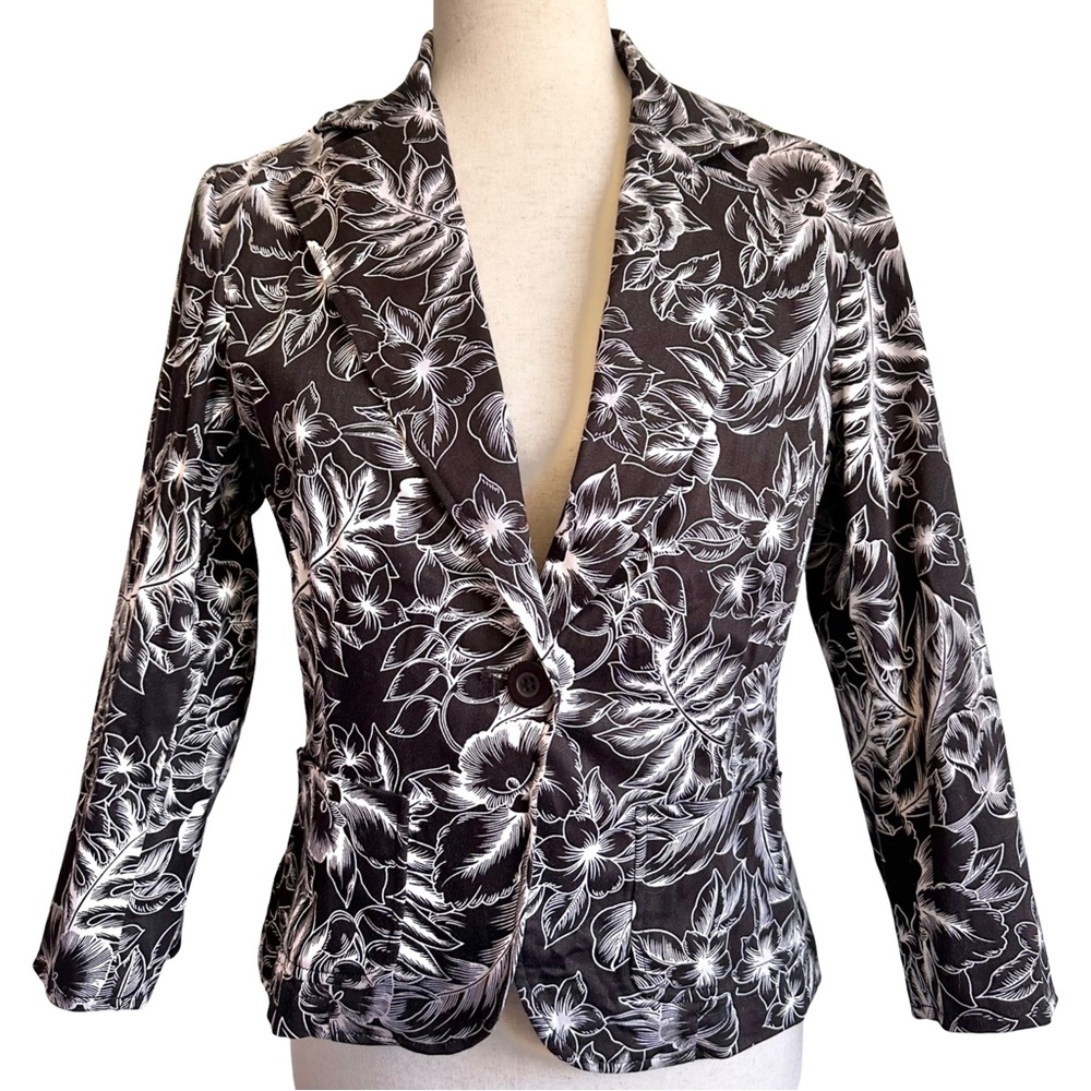 Rafaella Women Black White Floral Blazer Career Resort Travel Jacket‎ Size 6 EUC